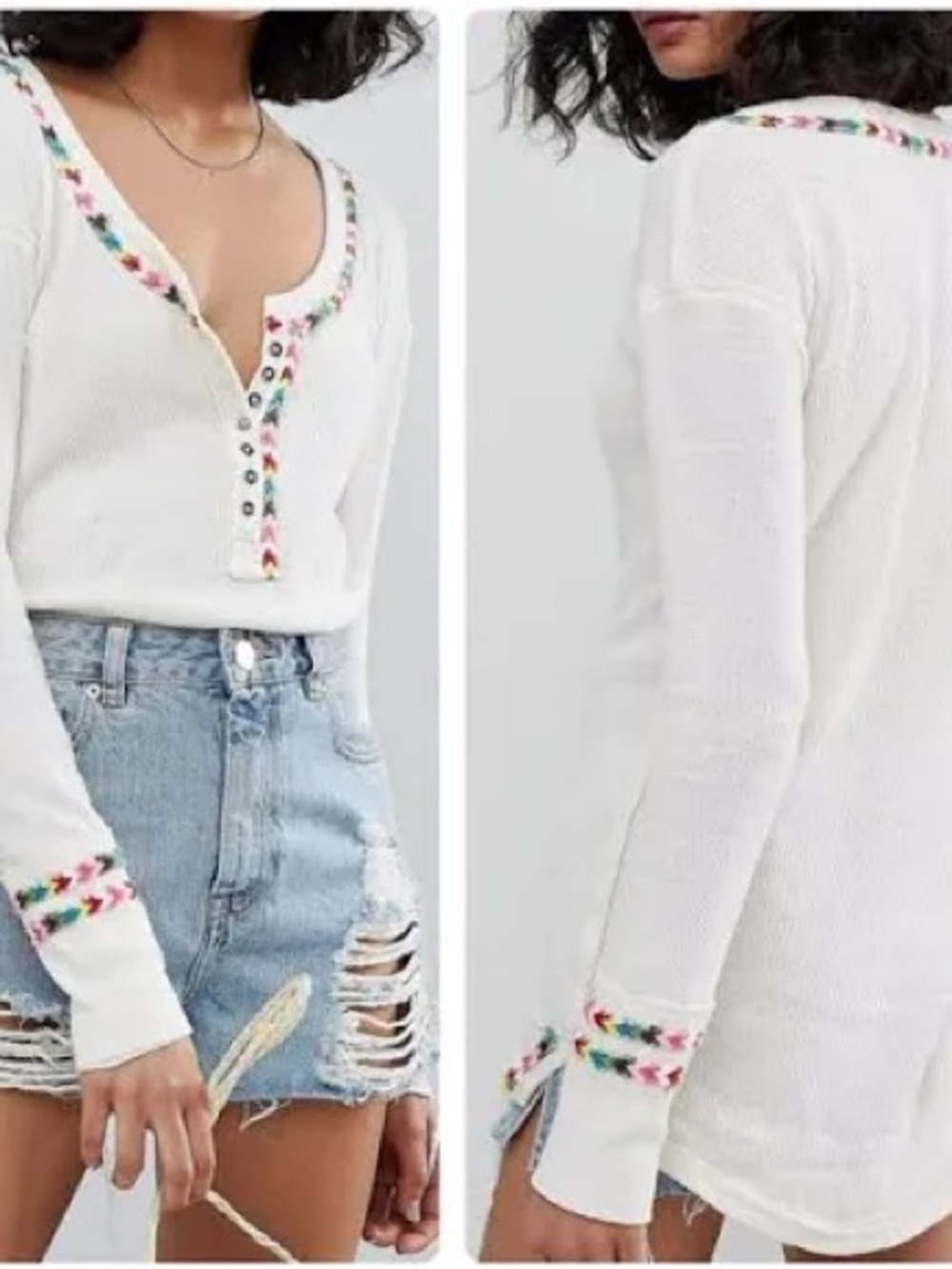 We The Free White Long-Sleeve Henley with Multicolor Embroidered Trim